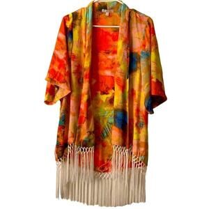 GIANNI BINI GB Fringe Tassel Short Sleeve Colorful Cover Up Cardigan Sz M